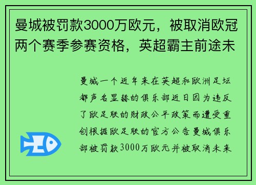 曼城被罚款3000万欧元，被取消欧冠两个赛季参赛资格，英超霸主前途未卜